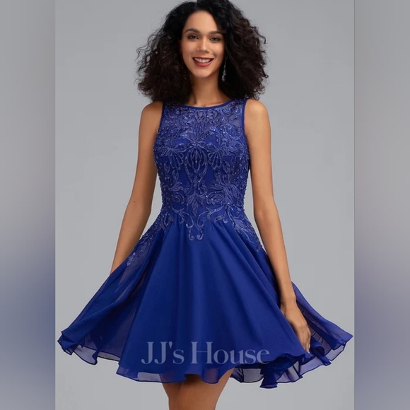 JJ's House Blue A-line Scoop Short/Mini Chiffon Formal Dress With Beading - Picture 1 of 12